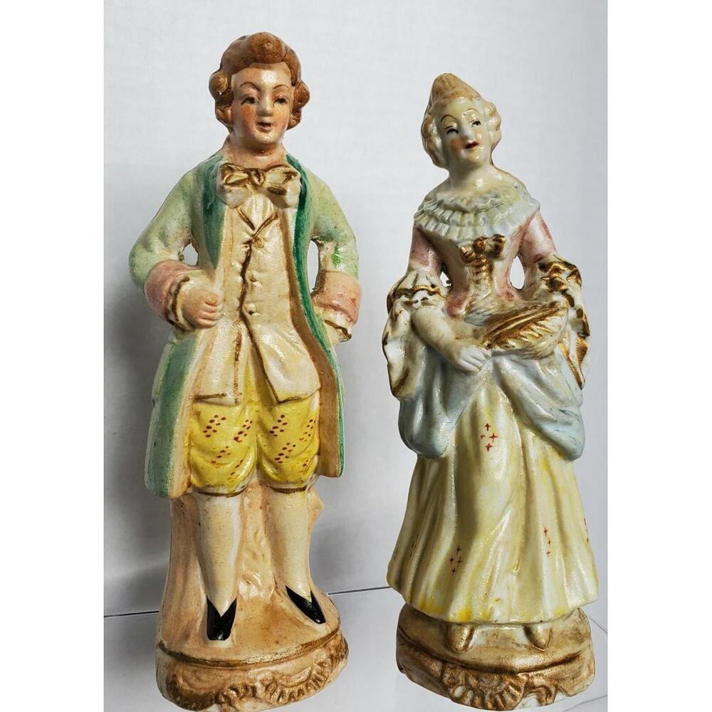 Vtg Colonial Man & Woman Figurines Porcelain Bisque Occupied Japan 1945-52 READ
